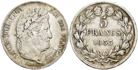 France. Louis Philippe I. 5 francs. 1833. Strasbourg. BB. (Km-749.3). (Gad-678). Ag. 24,79 g. Choice F/Almost VF. Est...25,00. 


 SPANISH DESCRIPT...