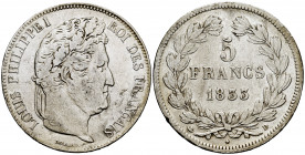 France. Louis Philippe I. 5 francs. 1833. Lyon. D. (Km-749.4). (Gad-678). Ag. 24,87 g. Cleaned. Almost VF. Est...25,00. 


 SPANISH DESCRIPTION: Fr...