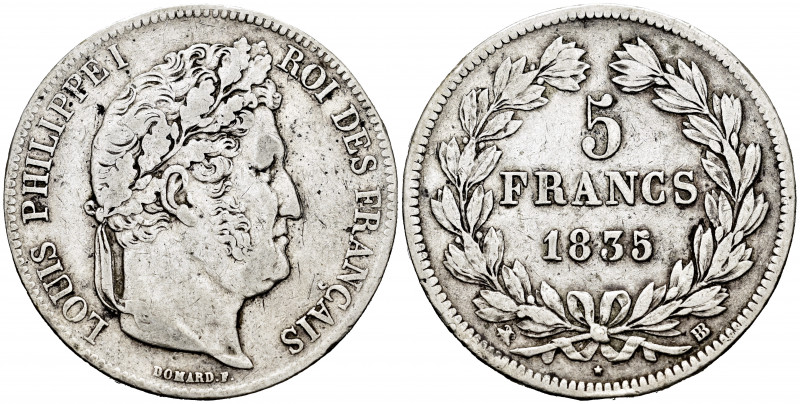 France. Louis Philippe I. 5 francs. 1835. Strasbourg. BB. (Km-749.3). (Gad-678)....