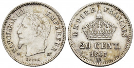 France. Napoleon III. 20 centimes. 1867. Strasbourg. BB. (Km-808.2). (Gad-309). Ag. 1,01 g. Almost XF. Est...20,00. 


 SPANISH DESCRIPTION: Franci...