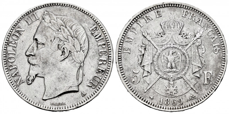 France. Napoleon III. 5 francs. 1869. Paris. A. (Km-799). (Gad-739). Ag. 24,80 g...