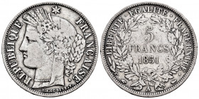 France. 5 francs. 1851. Paris. A. (Km-761). (Gad-719). Ag. 24,50 g. Hairlines on obverse. Almost VF. Est...40,00. 


 SPANISH DESCRIPTION: Francia....
