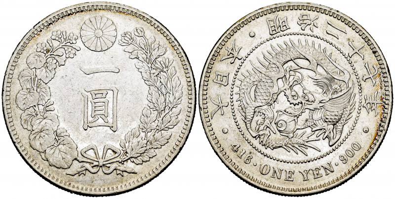 Japan. Mutsuhito. 1 yen. 1894 (año 27). (Km-Y.A25.3). Ag. 26,86 g. Choice VF/Alm...