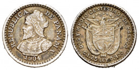 Panama. 2 1/2 centesimos. 1904. (Km-1). Ag. 1,29 g. Almost XF. Est...20,00. 


 SPANISH DESCRIPTION: Panamá. 2 1/2 centésimos. 1904. (Km-1). Ag. 1,...