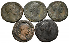 Lot of 5 coins from the Roman Empire. Sestertius of different emperors: Commodus, Marcus Aurelius, Faustina I (Tooled), Faustina II (Tooled) and Gordi...
