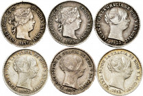 Lot of 6 coins of 1 real, 2 from Barcelona (1853, 1857), 3 from Madrid (1852 (2), 1863), 1 from Seville (1853). TO EXAMINE. VF/Choice VF. Est...100,00...