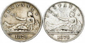 Lot of 2 silver coins of 2 pesetas 1870 (*73, *74). TO EXAMINE. VF. Est...25,00. 


 SPANISH DESCRIPTION: Lote de 2 piezas de plata de 2 pesetas 18...