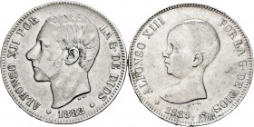 Lot of 2 coins of the Centenary of the Peseta. Alfonso XII 5 Pesetas 1882 * 18-82 (Faint) Madrid MSM and Alfonso XIII 5 Pesetas 1889 * 18-89 Madrid MP...