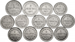 Lot of 13 coins from the Spanish Civil War. Government of Euzkadi 1937, 2 Pesetas (2) and 1 Peseta (11). Cu-Ni. TO EXAMINE. Choice VF/AU. Est...60,00....
