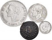 Lot of 4 Spanish coins, Philip IV (16 maravedis Segovia), Alfonso XII (2 pesetas, 5 pesetas) and Alfonso XIII (50 cents). TO EXAMINE. Choice F/VF. Est...