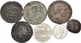 Lot of 7 Spanish coins from different periods. Contains a counterfake 10 centimos of 1878. TO EXAMINE. Choice F/Almost VF. Est...100,00. 


 SPANIS...