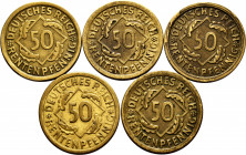 Lot of 5 coins from Germany. 50 Rentenpfennig 1923 D; 1924 A-D-F and J. Ae. TO EXAMINE. VF. Est...75,00. 


 SPANISH DESCRIPTION: Lote de 5 monedas...