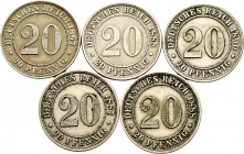 Lot of 5 coins from Germany. 20 Pfennig from 1887-1888 and 1890 from different mints. Ni. TO EXAMINE. VF. Est...80,00. 


 SPANISH DESCRIPTION: Lot...