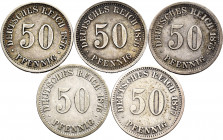 Lot of 5 coins from Germany. 50 Pfennig from 1875 to 1877, different mints. Ag. TO EXAMINE. Choice VF/Almost XF. Est...40,00. 


 SPANISH DESCRIPTI...