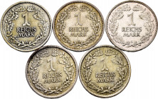 Lot of 5 coins from Germany. 1 Reichmark from 1925 and 1926, different mints. Ni/Ag. TO EXAMINE. VF. Est...60,00. 


 SPANISH DESCRIPTION: Lote de ...