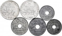 Lot of 6 coins from France. 2 Francs 1904-1917, 10 Cents 1941 (Two types) and 20 Cents 1941-1943. Ag / Zi. TO EXAMINE. Choice VF/Almost XF. Est...25,0...