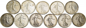 France. Lot of 11 French silver coins, 7 of 2 francs (1914, 1916 (2), 1917 (2), 1918, 1919) and 4 of 5 francs (1968, 1969 (3)). TO EXAMINE. XF/Almost ...