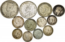 United Kingdom. Lot of 12 silver coins, 3 pence (1889, 1905, 1912, 1915, 1917, 1926), 6 pence (1872, 1895, 1923), 1 shilling (1932), 50 cents of New F...