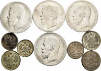 Russia. Lot of 10 Russian silver coins, 3 of 10 kopecks (1903, 1904, 1915), 3 of 15 kopecks (1868, 1879, 1915), 4 roubles (1896, 1897, 1898, 1899). TO...