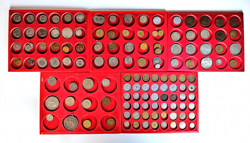 Boxed set of 136 world coins in a red case with clamps. USA, France, Spain, Engl...