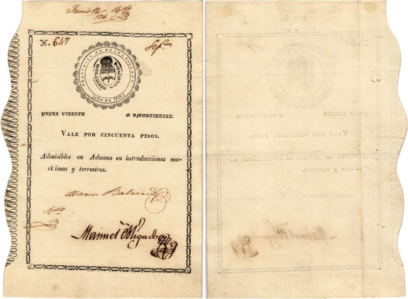 ARGENTINIEN. Provincia de Buenos Aires. 50 Pesos 1820. Zoll-Gutschein für alle m...