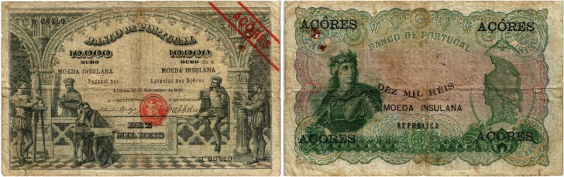 AZOREN. Portugiesische Administration. Banco de Portugal. 10 Mil Reis Ouro 1910,...