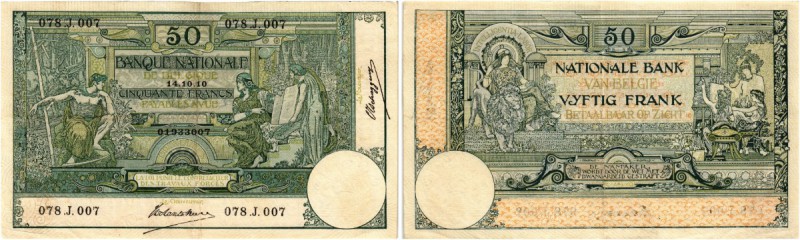 BELGIEN. Banque Nationale de Belgique. 50 Francs 1910, 14. Oktober. Signatur: de...