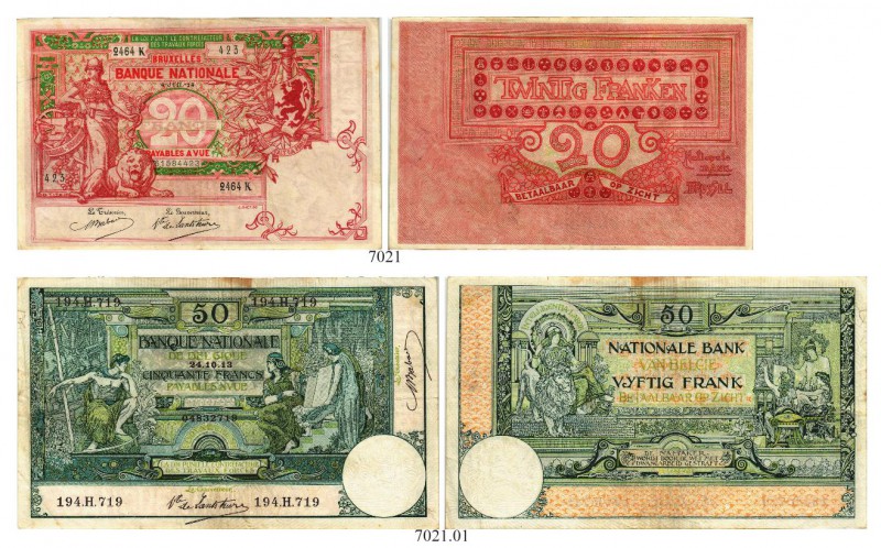 BELGIEN. Banque Nationale de Belgique. 20 Francs 1914, 4. Juli & 50 Francs 1913,...