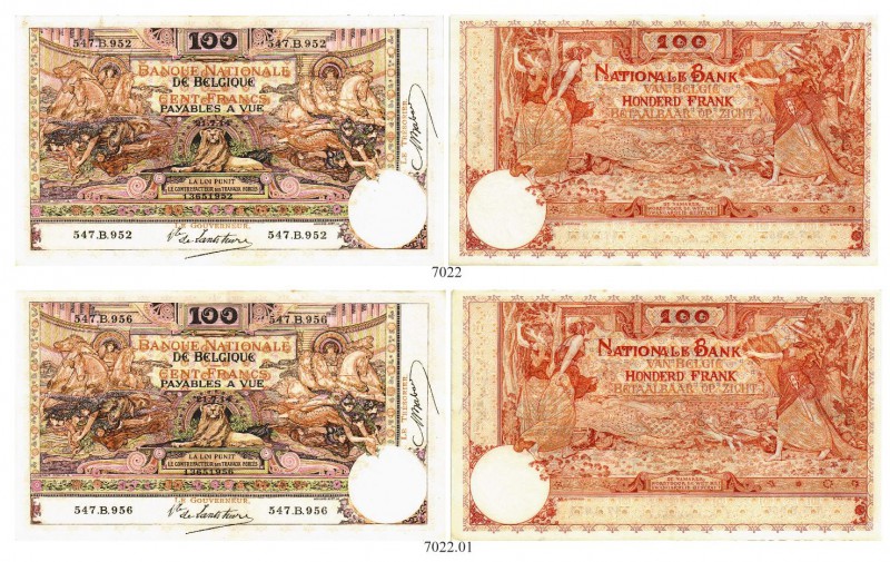 BELGIEN. Banque Nationale de Belgique. 100 Francs 1914, 21. Juli. 2 Exemplare. S...
