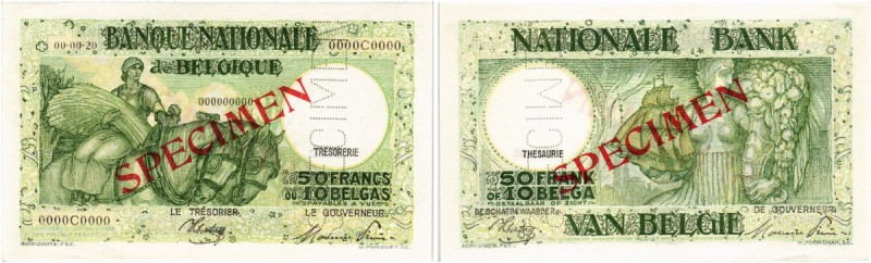 BELGIEN. Banque Nationale de Belgique. 50 Francs 1920-0-0. SPECIMEN. Aufdruck Av...