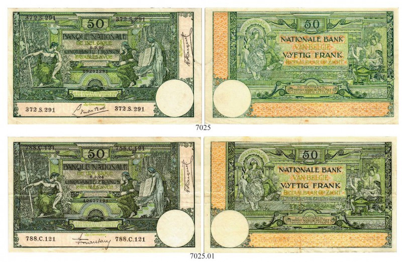 BELGIEN. Banque Nationale de Belgique. 50 Francs 1920, 5. Februar & 50 Francs 19...