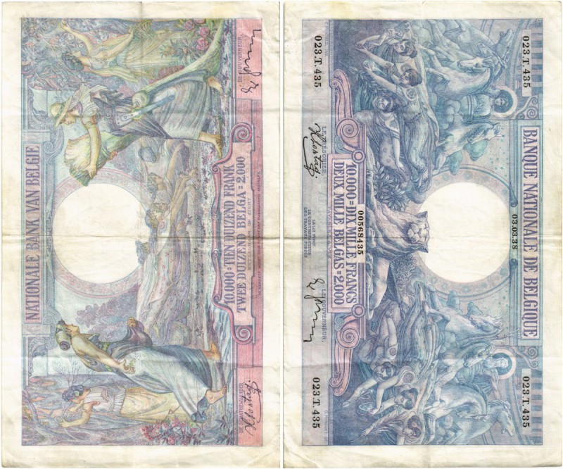 BELGIEN. Banque Nationale de Belgique. 10000 Francs 1938, 3. März. /2000 Belgas....