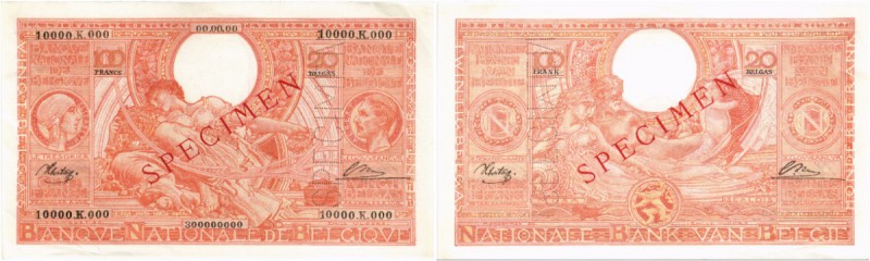 BELGIEN. Banque Nationale de Belgique. 100 Francs o. J. / ND / 20 Belgas. SPECIM...