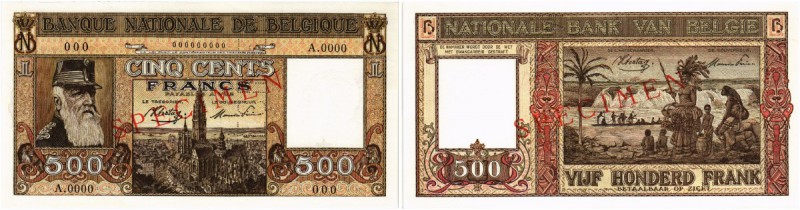 BELGIEN. Banque Nationale de Belgique. 500 Francs o. J. / ND. SPECIMEN. Jahr 00-...