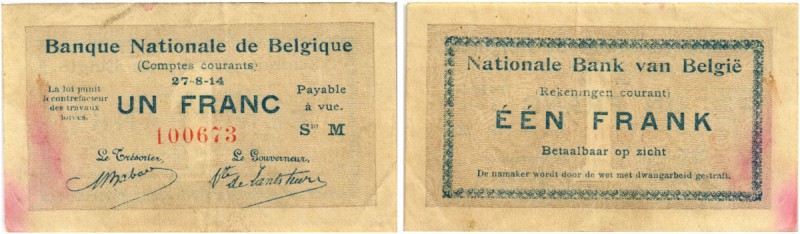 BELGIEN. Comptes Courants. 1 Franc 1914, 27 August. BB 1/1. Pick 81. Flecken / S...