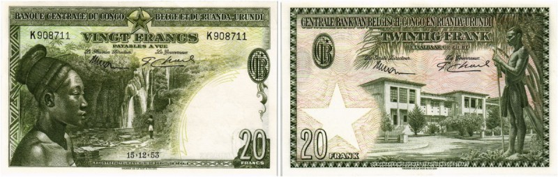 BELGIEN. Banque Centrale du Congo Belge et du Ruanda-Urundi. 20 Francs 1953, 15....