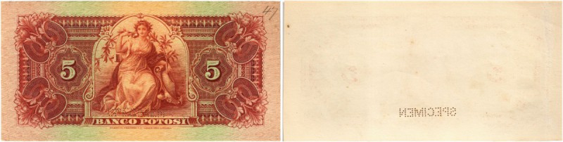 BOLIVIEN. Republik. Banco Potosi. 5 Bolivianos 1894, 1. Januar. Einseitiger Spec...