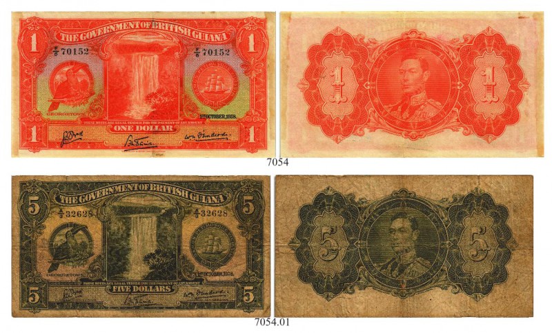 BRITISCH GUYANA. Lot 1938, 1. Oktober. 1 Dollar & 5 Dollars. Pick 12b, 14a. 1 Do...