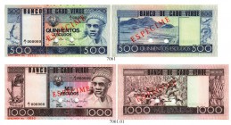 CAP VERDE INSELN. Republik. Banco de Cabo Verde. Lot 1977. 20. Januar. 500 Escudos. Specimen. Nr. 0313. Gelocht & 1000 Escudos. Specimen. Nr. 0840. Ge...