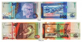 CAP VERDE INSELN. Republik. Banco de Cabo Verde. 500 Escudos 1992, 23. April & 1000 Escudos vom 5. Juni 1992. Beide beidseitig roter Aufdruck ESPECIME...