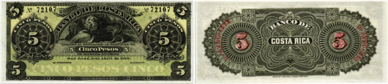 COSTA RICA. Republik. Banco de Costa Rica. 5 Pesos 1899, 1. April. Reminder ohne...