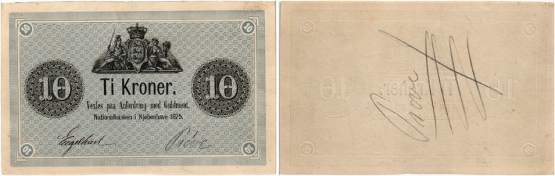 DÄNEMARK. Königreich. Nationalbank. 10 Kronen 1875. Probedruck nur mit 2 Untersc...