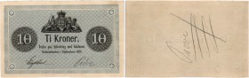 DÄNEMARK. Königreich. Nationalbank. 10 Kronen 1875. Probedruck nur mit 2 Unterschriften ohne Seriennummer & Papierausschnitt mit Text­andruck. Rücksei...