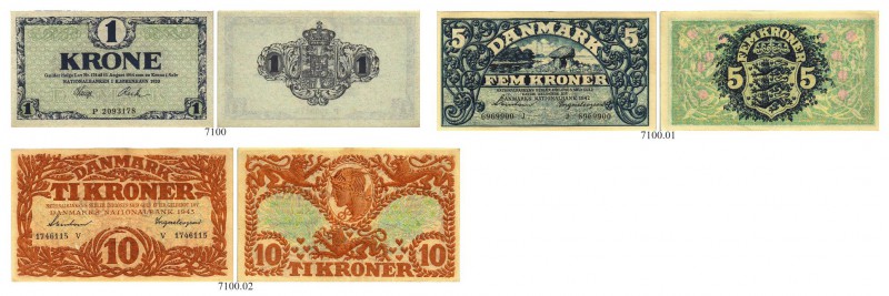 DÄNEMARK. Königreich. Nationalbank. Lot. 1 Krone 1920. 5 Kronen 1942 & 10 Kronen...