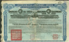 CHINA. Railway Equipment Loan, Government of the Chinese Republic. £20, 1922, Bruxelles. Grossformatig. Mitte Dampfzug. Blau/schwarz. Oberer Rand Einr...