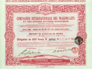 BELGIEN. Cie Internationale des Wagons-Lits et des Grands Express Européens. Obligation F 500, 1919, Bruxelles. Rot. Mit CIWL-Emblem oben im Rahmen un...