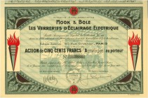 FRANKREICH. Mook & Bole Les Verreries d'Eclairage Electrique. Aktie F500, 1930, Paris. (A privilégiée). Grosse Abbildung mit Glasbläsern im Unterdruck...