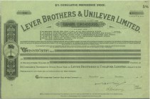 GROSSBRITANNIEN. Lever Brothers & Unilever Ltd. Preference Share £100, 1937. Mehrere Falten. Sehr schön / Very fine.
Lever Brothers wurde 1885 von Wi...