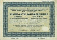 SCHWEIZ. Banken, Finanz und Versicherungen. Internationale Gesellschaft für chemische Unternehmungen (I.G.Chemie). Aktie Fr. 500.-, 1929, Basel. Blau....