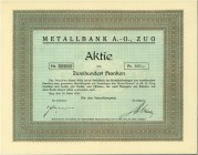 SCHWEIZ. Banken, Finanz und Versicherungen. Metallbank AG. Aktie Fr. 200.-, 1928, Zug. Vorzüglich / Extremely fine.